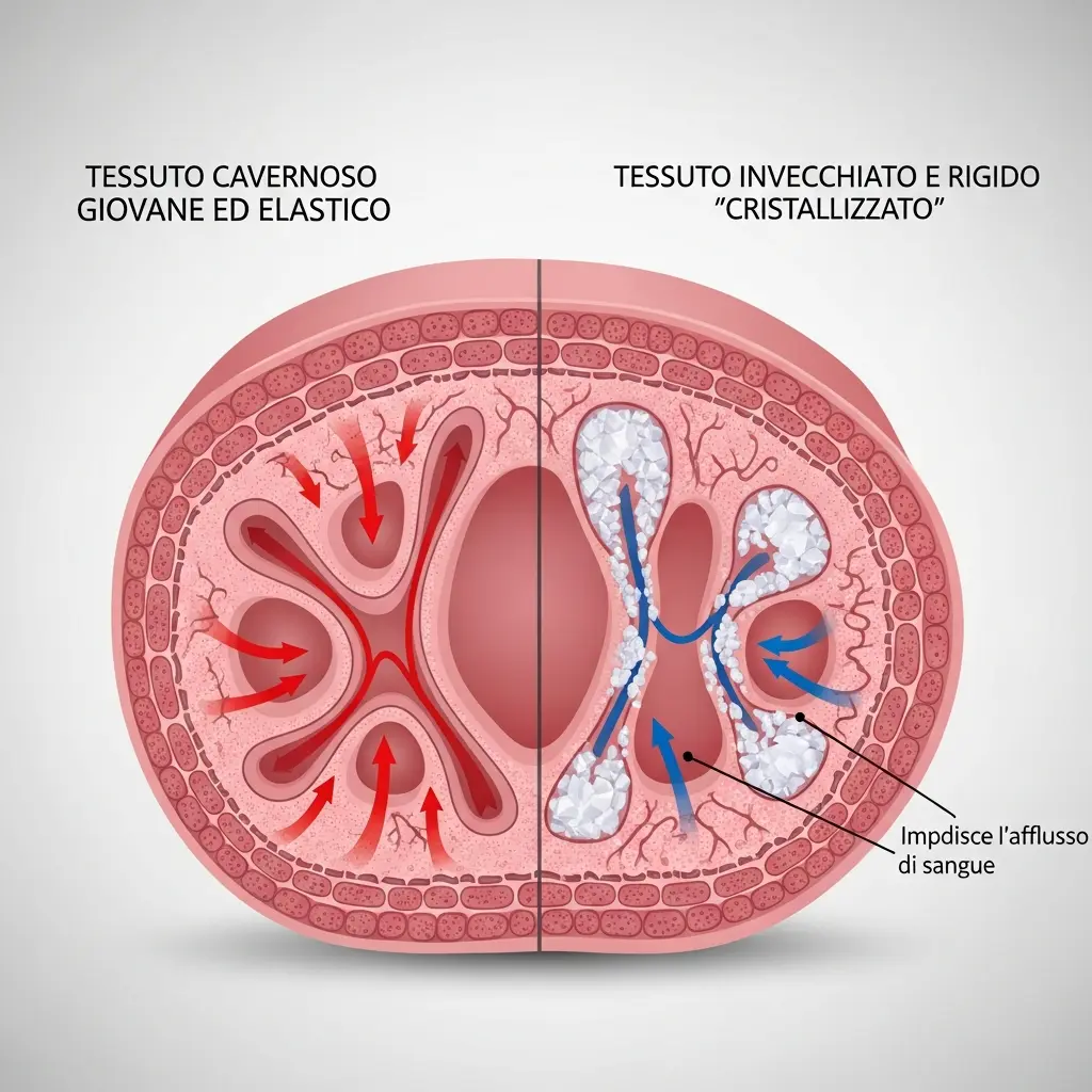 Grafico medico comparativo che mostra a sinistra un tessuto cavernoso giovane ed elastico che si espande, e a destra un tessuto invecchiato e rigido definito 'cristallizzato' che impedisce l'afflusso di sangue