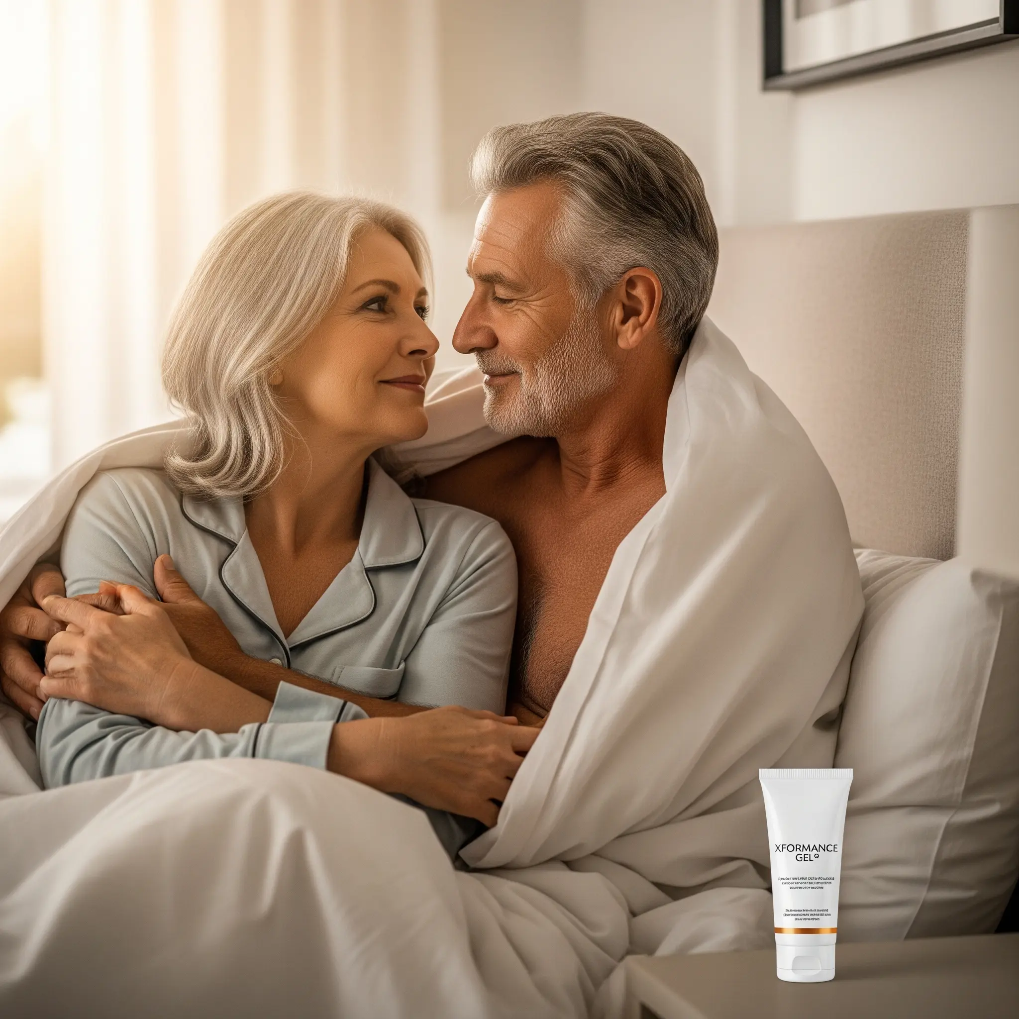 Coppia matura sorridente abbracciata a letto, la donna guarda l'uomo con ammirazione, simboleggiando la passione e l'intimità ritrovate grazie a Xformance Gel
