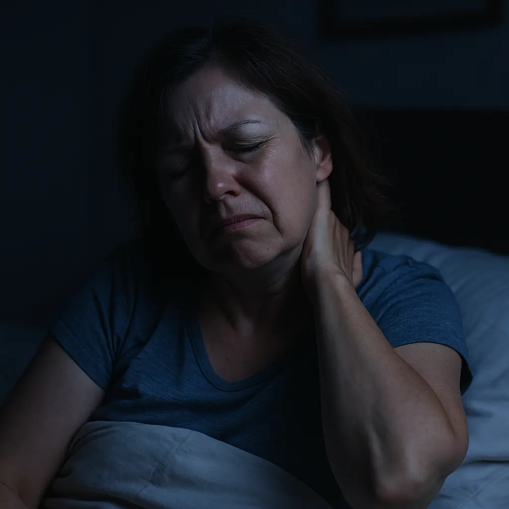 Donna di mezza età a letto nel buio, sveglia e sofferente, si tocca il collo rigido con espressione di dolore e frustrazione