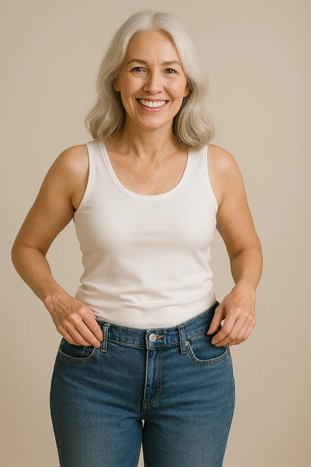 Donna matura sorridente e luminosa che indossa un paio di jeans che ora le stanno larghi in vita, mostrando visibilmente il risultato dello sgonfiamento