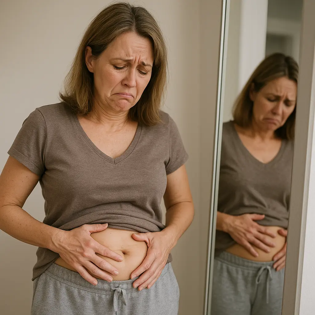 Donna di circa 45 anni davanti allo specchio che si tocca la pancia gonfia con espressione frustrata e triste, indossando abbigliamento comodo da casa