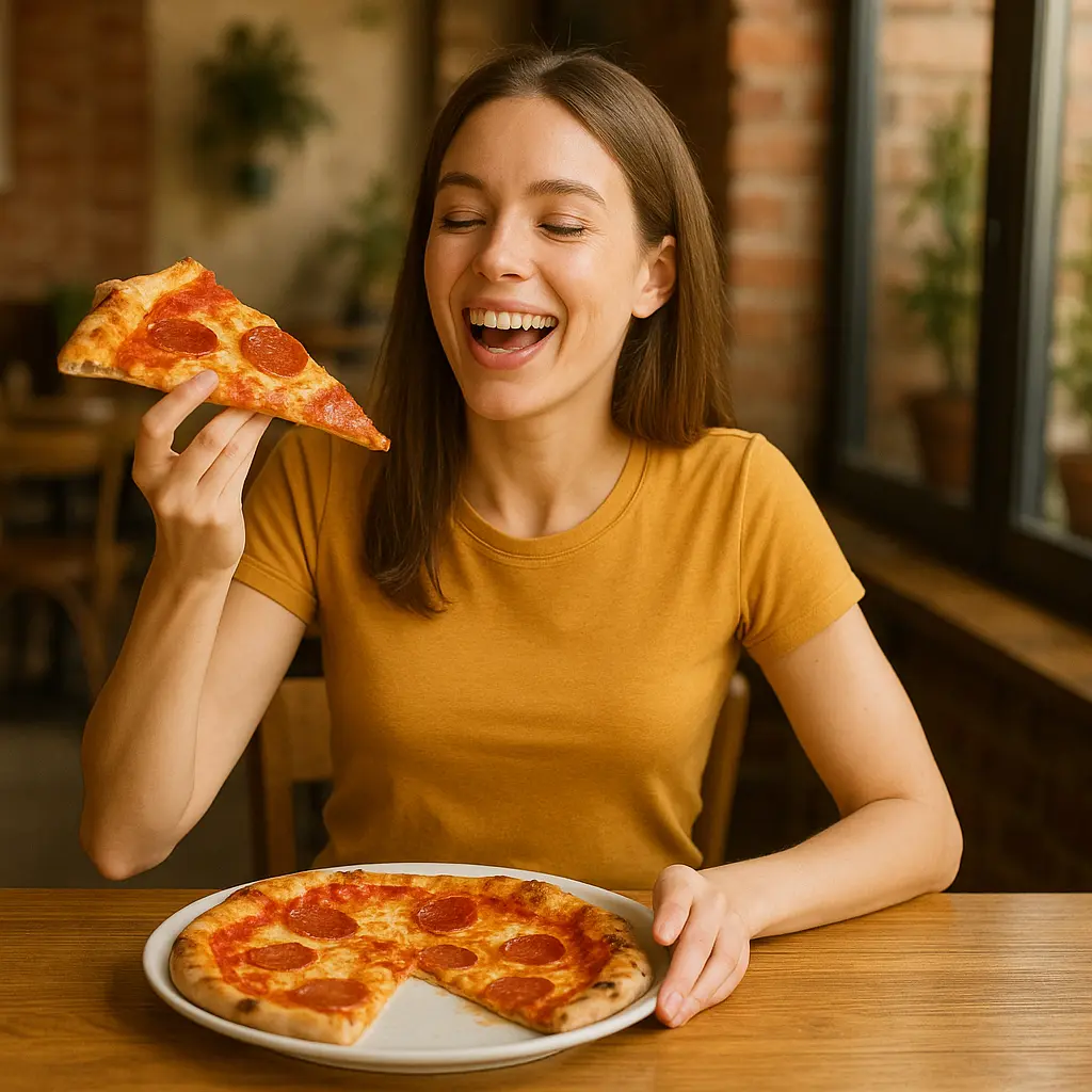 Collega magra e felice che mangia pizza a pranzo senza ingrassare, piena di energia