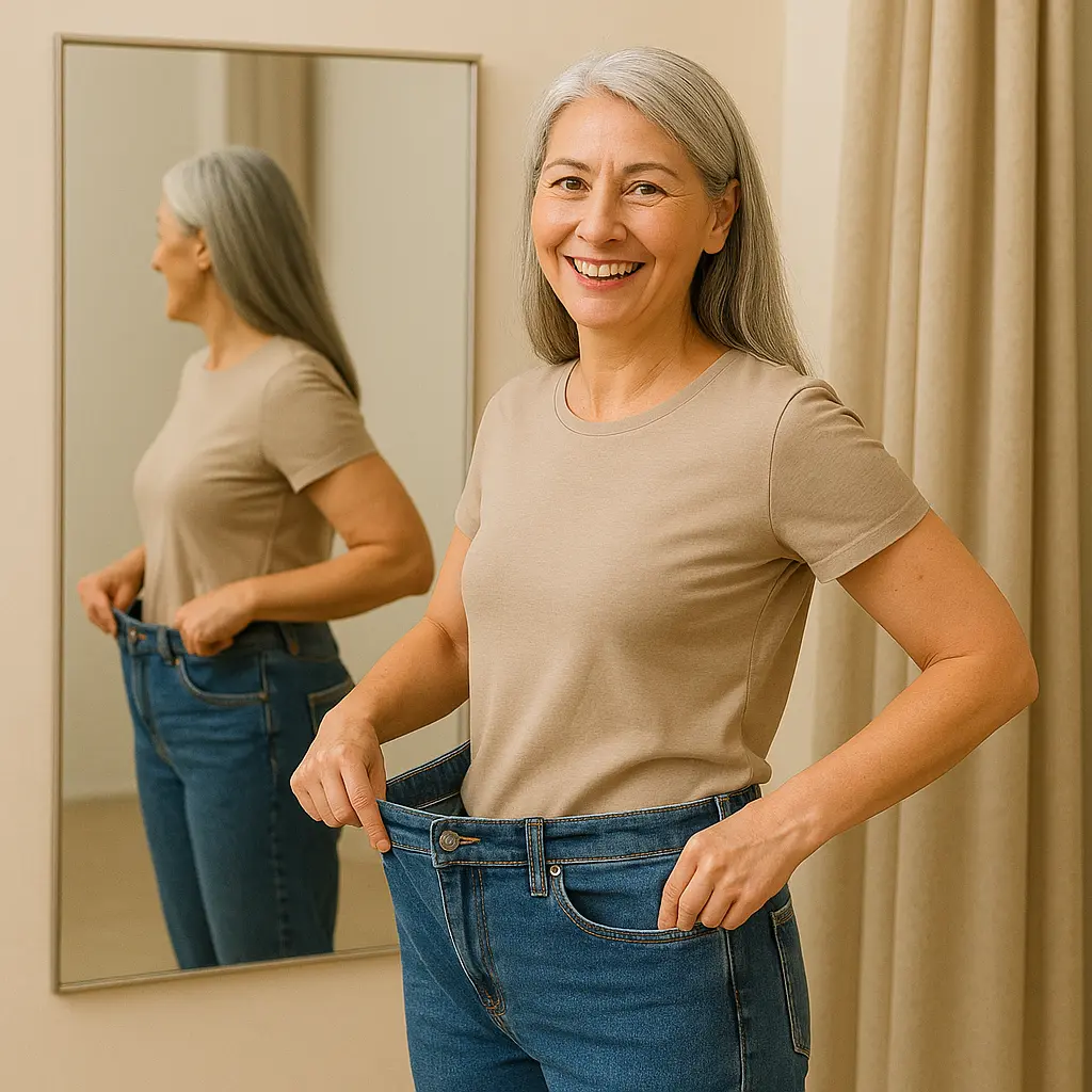 Donna matura felice che mostra i jeans diventati larghi sulla vita davanti allo specchio, sorridendo con autostima