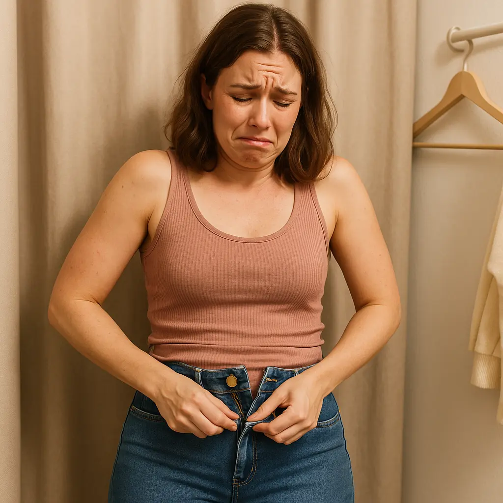Donna frustrata nel camerino che cerca di chiudere jeans troppo stretti, con espressione di vergogna e disagio