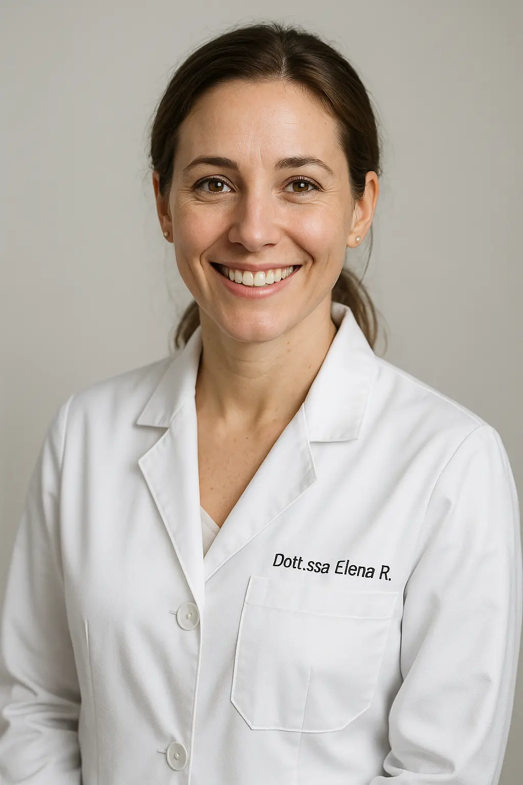 Ritratto professionale della Dottoressa Elena R. in camice bianco che sorride rassicurante