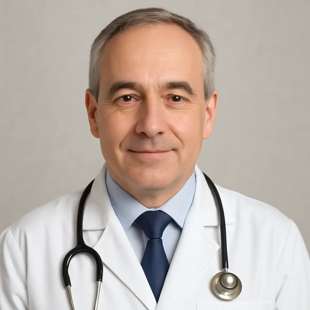 Foto profilo di un medico esperto in camice bianco, aspetto rassicurante e professionale