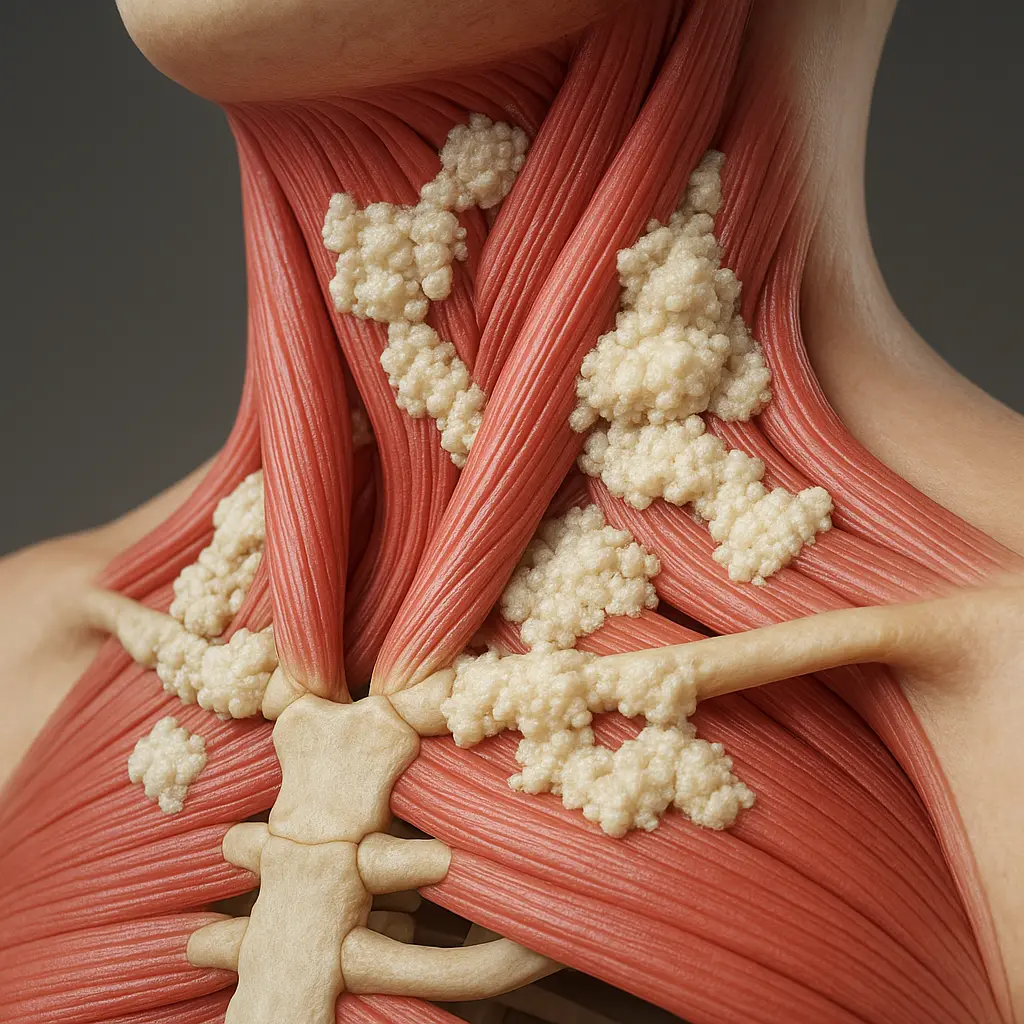 Illustrazione medica 3D che mostra le fibre muscolari del collo con accumuli di cristalli di tossine (bianchi/giallastri) che bloccano il movimento, visualizzazione del concetto di cemento cervicale
