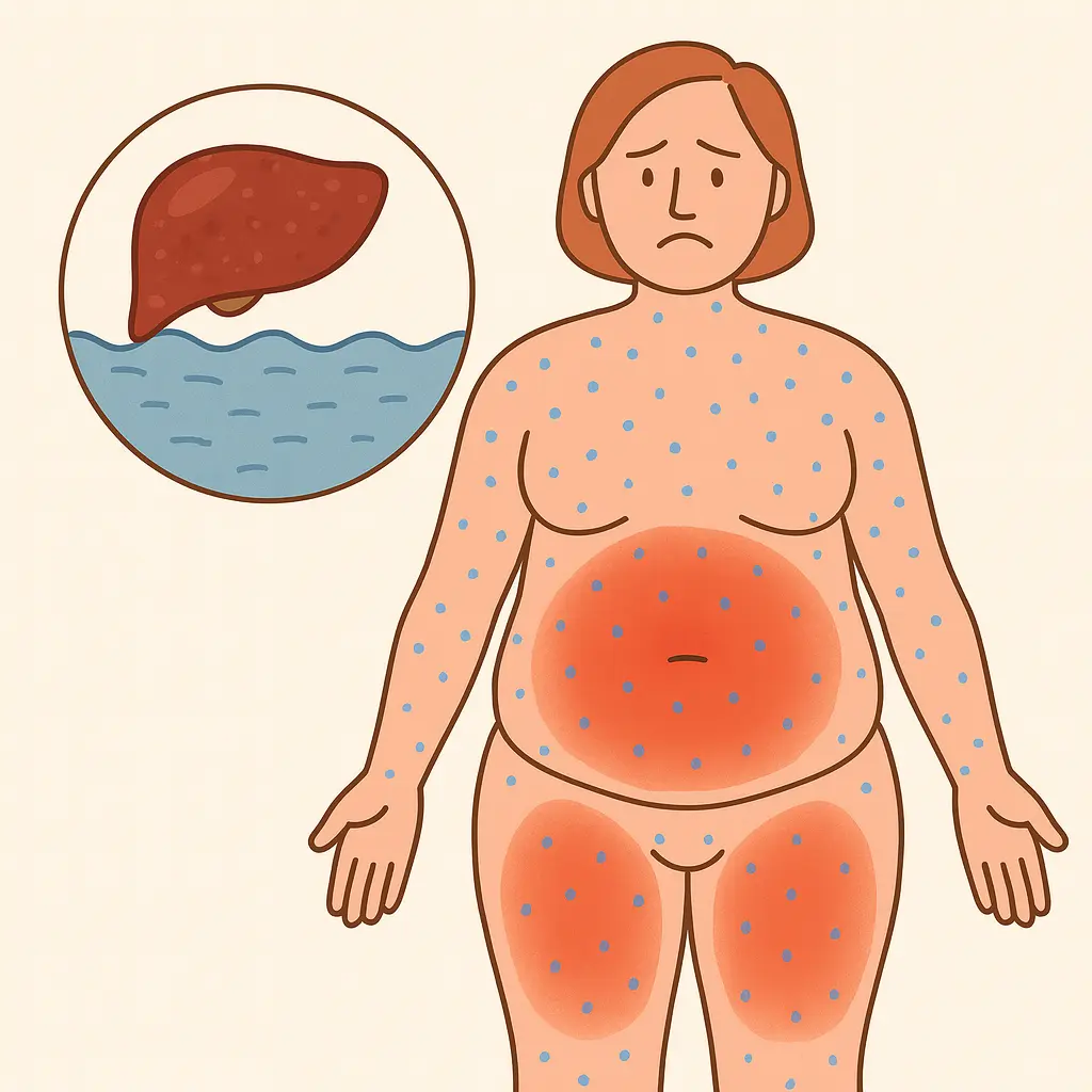 Illustrazione medica semplificata che mostra il fegato intasato e il corpo che trattiene liquidi come una spugna piena d'acqua, con zone rosse su pancia e cosce