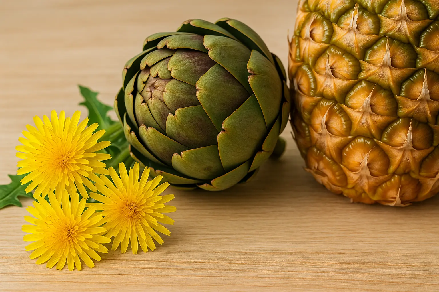 Close-up artistico di alta qualità degli ingredienti naturali: fiori di tarassaco giallo brillante, carciofo fresco e ananas su un tavolo di legno chiaro