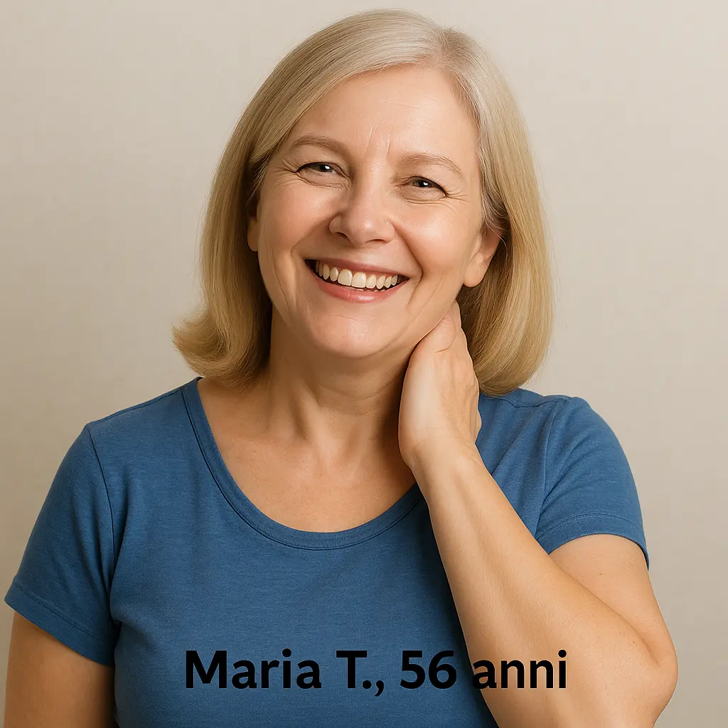 Maria T., donna di 56 anni sorridente che si tocca il collo liberamente