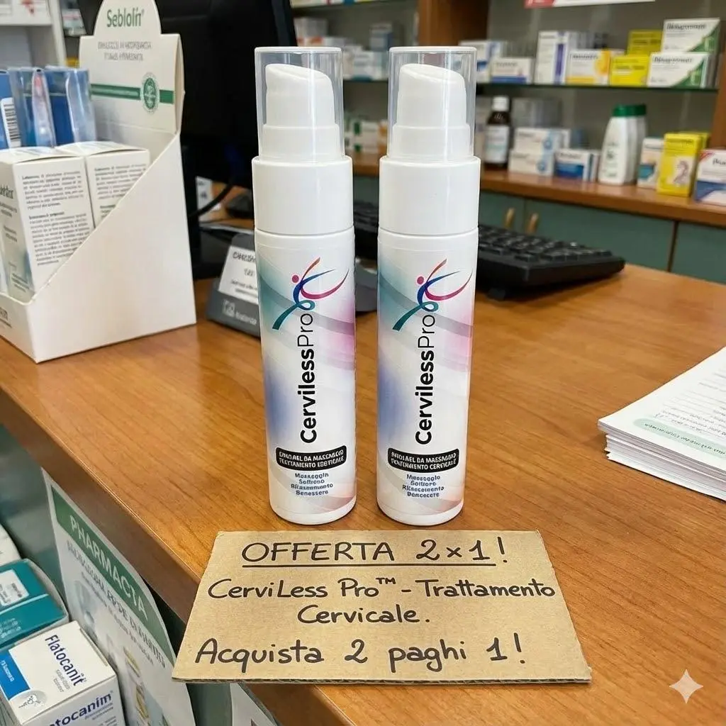 Flacone elegante di CerviLess Pro su sfondo luminoso, con texture della crema visibile e ingredienti naturali come arnica e artiglio del diavolo a lato