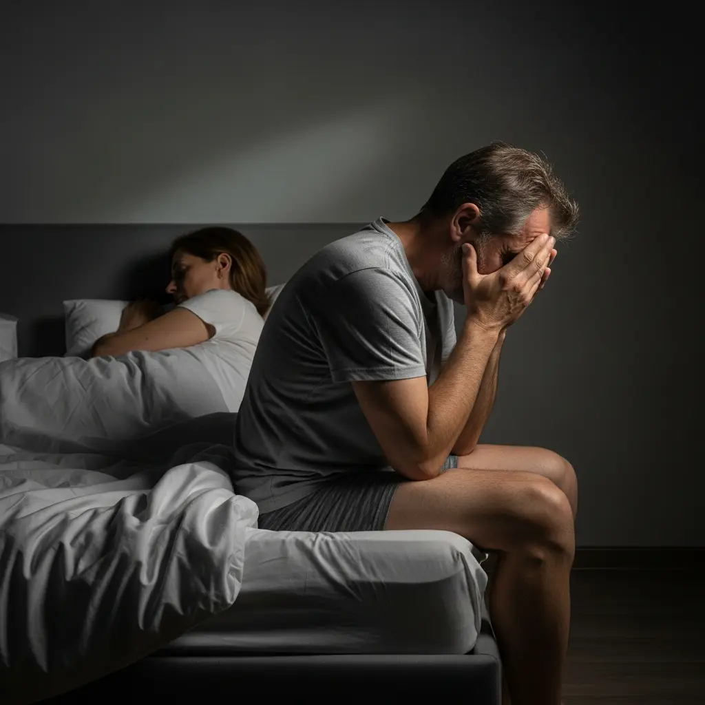Uomo maturo seduto sul bordo del letto con la testa tra le mani in segno di frustrazione mentre la moglie dorme di spalle, rappresentazione della distanza emotiva causata dai problemi di erezione