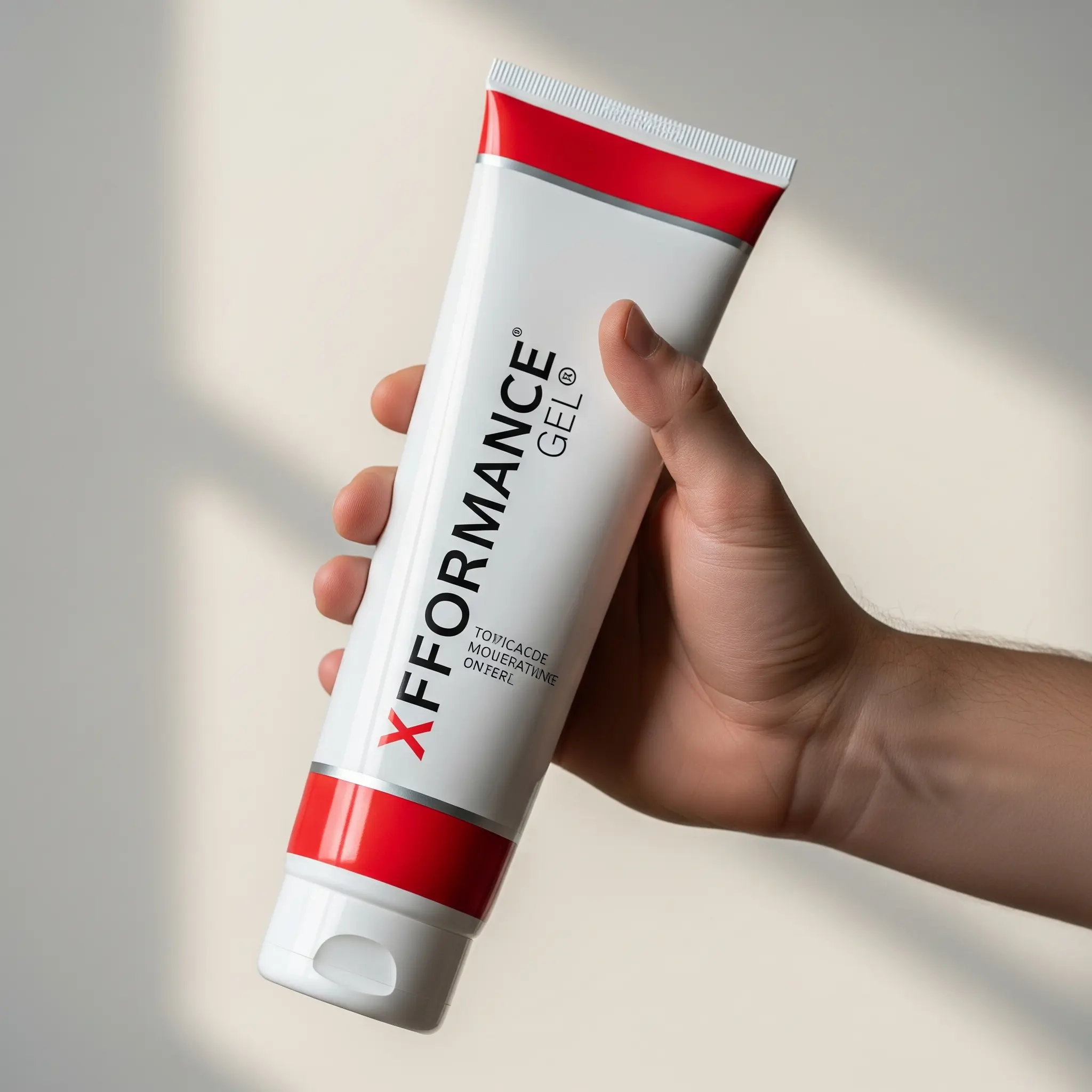 Mano maschile che tiene il tubetto di Xformance Gel, evidenziando la facilità d'uso e la natura topica del prodotto rispetto alle pillole