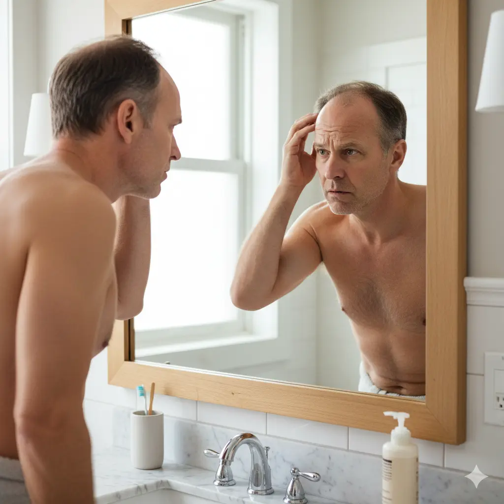 Uomo di mezza età con espressione preoccupata che osserva la sua stempiatura allo specchio.